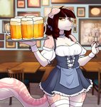 5_fingers accessory alcohol annoyed anthro bar beer beer_mug beverage bow_ribbon breasts brown_hair choker cleavage clothed clothing detailed_background female fingers hair hair_accessory hair_bow hair_ribbon jewelry looking_at_viewer necklace ribbons solo standing tail tray yellow_eyes zyira ailith_(nicoya) felid feline mammal 2020 digital_media_(artwork) hi_res