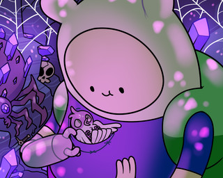 3_fingers ambiguous_gender backpack beak bone clothing crystal detailed_background dot_eyes duo feathers feral fingers gem gem_eyes in_pocket male mechanical_arm melee_weapon pockets shirt simple_eyes skull smile spider_web sword t-shirt tail tail_feathers toony topwear weapon wings discount-supervillain adventure_time cartoon_network finn_the_human huntress_wizard arachnid arthropod avian bird human mammal spider 5:4 digital_media_(artwork)