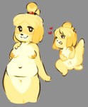 anthro belly blonde_hair blush breasts female fur genitals grey_background hair heart_symbol looking_at_viewer nipples nude presenting presenting_pussy pussy simple_background slightly_chubby slightly_chubby_anthro slightly_chubby_female smile solo yellow_body yellow_fur cornymember animal_crossing nintendo isabelle_(animal_crossing) canid canine canis domestic_dog mammal shih_tzu toy_dog 2024 digital_drawing_(artwork) digital_media_(artwork) hi_res