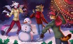 anthro breasts clothed clothing detailed_background feathered_wings feathers female group male night outside smile snow snowman trio wings ketty eda_(terrythetazzytiger) revy_(terrythetazzytiger) terry_(terrythetazzytiger) felid feline mammal 2021 5:3 digital_media_(artwork)