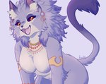 anthro breasts ear_piercing ear_ring female fur fur_markings hair jewelry markings multicolored_hair necklace orange_eyes piercing pupils purple_body purple_fur purple_sclera ring_piercing simple_background smile solo tail tail_tuft tuft two_tone_hair white_body white_fur froste trials_of_mana belladonna_(trials_of_mana) felid feline mammal