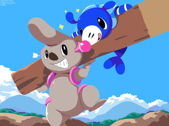 ambiguous_gender anthro black_eyes blue_body brown_body cloud duo featureless_crotch feral holding_object looking_at_another markings on_one_leg open_mouth plant size_difference sky sparkles standing tail tongue toothy_smile whisker_markings sleepy_sealion nintendo pokemon generation_5_pokemon generation_7_pokemon pokemon_(species) popplio timburr 2026 4:3 absurd_res dated hi_res signature