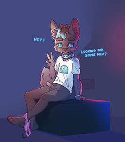 4_toes 5_fingers adolescent adolescent_anthro anthro arm_support arm_tuft balls barefoot barely_visible_pawpads belt_collar bent_arm bent_legs big_tail biped blue_background blue_collar blue_eyes blue_highlights blue_pupils blue_text blue_wristband blush blush_lines blushing_at_viewer brown_body brown_claws brown_ears brown_eyebrows brown_fur brown_hair brown_inner_ear_fluff brown_nose brown_pawpads brown_tail brown_tuft buckle buckled_collar cheek_tuft chest_tuft claws clothed clothed_anthro clothed_male clothing clothing_around_one_leg collar cute_fangs dark_body dark_fur dialogue elbow_tuft erection eyebrows facial_tuft fangs feet finger_claws fingerpads fingers foreskin front_view fur fur_tuft genitals gesture gesturing_at_viewer glans glistening glistening_eyes glistening_genitalia glistening_glans glistening_penis greeting greeting_viewer grey_background hair hand_gesture highlights_(coloring) humanoid_genitalia humanoid_hands humanoid_heel humanoid_penis inner_ear_fluff inviting inviting_to_sex inviting_viewer iris knee_tuft leaning leg_tuft looking_at_viewer male male_adolescent male_anthro offering_sex open_mouth open_smile panties panties_around_ankle panties_around_one_leg panties_down partially_clothed partially_clothed_anthro partially_clothed_male partially_retracted_foreskin pawpads penis pink_glans plantigrade plantigrade_pawpads pose prostitution pupils purple_clothing purple_panties purple_underwear retracted_foreskin shirt short_hair shota simple_background sitting slim slim_anthro slim_male smile smiling_at_viewer solo straight_arm tail talking_to_viewer tank_top teeth text three-quarter_view toes topwear tuft underwear underwear_around_one_leg underwear_down urethra v_sign whisker_spots white_clothing white_sclera white_shirt white_tank_top white_topwear wristband young young_anthro young_male nosecandy bandai_namco pac-man_(series) inky_(pac-man) canid canine canis mammal wolf absurd_res english_text full-length_portrait hi_res pinup portrait shaded watermark