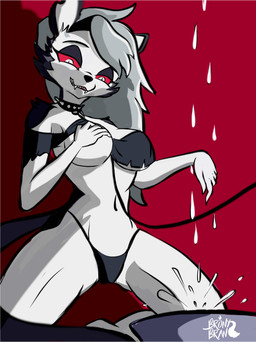 anthro bdsm bodily_fluids bowl breasts camel_toe clothing collar container cum cum_drip cum_in_bowl cum_in_container dripping fangs female fur genital_fluids hair hand_on_breast kneeling leash panties pet_bowl red_sclera simple_background smile solo spread_legs spreading submissive submissive_female tail teeth topwear underwear white_body white_fur bronybran hellaverse helluva_boss mythology loona_(helluva_boss) canid canid_demon canine canis demon hellhound mammal mythological_canine mythological_creature digital_media_(artwork) hi_res