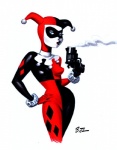 blowing clothing female fool's_hat gun harlequin hat headgear headwear holding_gun holding_object holding_ranged_weapon holding_weapon human_only mask not_furry ranged_weapon simple_background smoke solo weapon white_background bruce_timm_(artist) batman_(series) dc_comics harley_quinn human mammal grandfathered_content