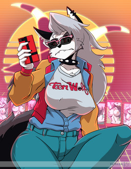 1980s_theme 5_fingers anthro black_nose bottomwear breasts cellphone claws clothed clothing collar denim denim_bottomwear denim_clothing ear_piercing electronics eyewear fangs female finger_claws fingers fully_clothed fur grey_body grey_fur grey_hair hair holding_cellphone holding_object holding_phone holding_smartphone humanoid_hands jacket jeans long_hair looking_at_viewer multicolored_body multicolored_fur navel nipple_outline nipples pants phone photo piercing red_sclera smartphone solo spiked_collar spikes sunglasses synthwave teeth topwear two_tone_body two_tone_fur white_body white_eyes white_fur yawg hellaverse helluva_boss mythology loona_(helluva_boss) canid canid_demon canine demon hellhound mammal mythological_canine mythological_creature 2021 hi_res