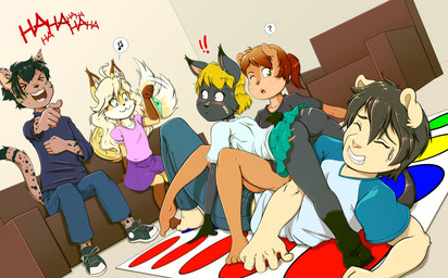 age_difference all_fours anthro band-aid_on_cheek biped black_body black_clothing black_hair black_markings black_nose black_shirt black_spots black_topwear blonde_hair blue_bottomwear blue_clothing blue_panties blue_skirt blue_underwear blush bottomwear brown_hair butt clenched_teeth clothed clothing constricted_pupils countershade_face countershade_torso countershading crotch_seam emanata exclamation_point eyes_closed female fluffy fluffy_tail footwear freckled_face freckles furniture gesture gloves_(marking) group hair hand_gesture holding_clothing holding_object holding_panties holding_underwear inner_ear_fluff inside larger_male laugh leg_markings long_hair looking_at_another lying lying_on_ground male markings musical_note musical_symbol no_underwear older_male on_back on_ground on_sofa one_eye_closed open_mouth orange_body panties pants pink_clothing pink_shirt pink_topwear plantigrade pointing pointing_at_another ponytail print_clothing print_panties print_underwear pupils question_mark shirt shoes short_hair sitting sitting_on_sofa size_difference skirt small_pupils smaller_female sneakers socks_(marking) sofa spots spotted_body symbol tail tail_motion tailwag tan_body tan_countershading teeth tongue topwear tuft underwear upskirt white_body white_clothing white_countershading white_shirt white_topwear yellow_body young young_anthro young_female younger_female risingdragon twister collet_(risingdragon) light_(lightlion) miu_(aas) rocketgirl armadillo canid canine canis cheetah coyote felid feline fox hybrid mammal rodent sciurid tree_squirrel xenarthran 2025 absurd_res hi_res