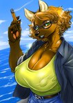 anthro belt big_breasts breasts brown_body brown_fur cigarette claws cleavage clothed clothing eyewear female finger_claws fully_clothed fur glasses green_eyes nipple_outline orange_body orange_fur sea smile solo water kuro-gane canid canine mammal 2022 digital_media_(artwork)