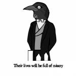 anthro beak black_body grey_beak solo text unknown_artist rusty_lake rusty_lake_roots mr._crow avian bird corvid corvus_(genus) crow oscine passerine 1:1 absurd_res english_text hi_res monochrome