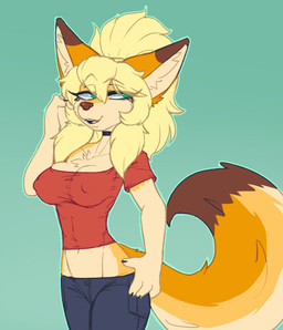anthro big_tail blonde_hair bottomwear breasts choker clothing ears_up eyebrows eyelashes female fur green_eyes hair jewelry looking_aside navel necklace open_mouth orange_body orange_fur pants red_clothing red_shirt red_topwear shirt smile solo tail teeth teeth_showing tongue topwear waffl3k4t nadia_(chisheq) canid canine fennec_fox fox mammal true_fox absurd_res hi_res