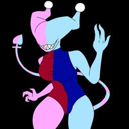 3_fingers anthro beckoning black_background blue_body clothing eyeless female fingers gesture gesturing_at_viewer multicolored_body multicolored_clothing pink_body pointed_tail sharp_teeth simple_background smile solo standing teeth unusual_anatomy clown_with_teef bitey_(clown_with_teef) demon humanoid imp 1:1
