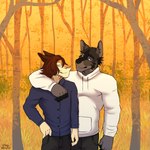 anthro arm_around_shoulder autumn black_body black_fur brown_hair duo fur hair male male/male plant purple_eyes tree huskyzinhu alex_nightmurr tyn canid canine canis mammal sergal wolf 1:1 hi_res