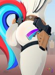 anthro belt breasts butt butt_focus cutie_mark dock_(anatomy) dock_piercing feathered_wings feathers female furgonomics furry-specific_piercing gun gun_holster handgun multicolored_tail outside piercing pistol public public_nudity ranged_weapon solo tail weapon wings pedalspony_(artist) glock hasbro my_little_pony mythology fan_character pedals_(pedalspony) equid equine mammal mythological_creature mythological_equine pegasus absurd_res hi_res trans_(lore) trans_woman_(lore)