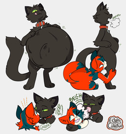 abdominal_bulge ambiguous_gender anthro blush blush_lines burp_cloud burping burping_in_face collar digestion duo kissing leg_grab licking licking_lips oral_vore sound_effects tongue tongue_out vore weight_gain eclairscollection felid feline mammal