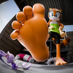 5_toes anthro barefoot blue_eyes clothed clothing countershading duo extreme_size_difference feet female female/female female_anthro foot_fetish foot_focus foot_play fur gloves handwear humanoid_feet larger_female low-angle_view macro micro orange_body plantigrade purple_body purple_fur purple_tail size_difference smile soles stomping tail toes underfoot white_body white_countershading white_fur feetymcfoot sega sonic_the_hedgehog_(series) blaze_the_cat marine_the_raccoon domestic_cat felid feline felis mammal procyonid raccoon 1:1 3d_(artwork) absurd_res digital_media_(artwork) hi_res