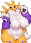2024 anthro areola bandai_namco big_breasts black_sclera blue_eyes blush breasts digimon digimon_(species) female fur genitals hi_res huge_breasts looking_at_viewer multicolored_body multicolored_fur nipples overweight pink_areola pink_nipples pussy renamon simple_background slightly_chubby slightly_chubby_anthro slightly_chubby_female solo sususuigi white_background white_body white_fur yellow_body yellow_fur