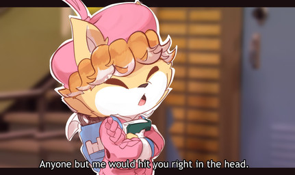 ambiguous_gender anthro backpack book clothing detailed_background dialogue eyes_closed fur hat headgear headwear holding_book holding_object outline pink_clothing solo tan_body tan_fur text white_outline smite_(artist) league_of_legends riot_games tencent teemo_(lol) yordle english_text hi_res male_(lore)