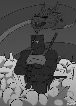 anthro assassin biceps black_bodysuit black_clothing black_gloves black_handwear black_mask black_skinsuit bodysuit clothed clothed_anthro clothed_male clothing cracking_knuckles fight flexing flexing_bicep flexing_both_biceps flexing_muscles flexing_pecs gear gloves handwear imminent_fight intimidation male manly martial_artist martial_arts mask melee_weapon mercenary musclegut muscular muscular_anthro muscular_male ninja ninja_suit scabbard showing_off_muscles skinsuit smoke solo sword sword_on_back tactical tactical_gear tactical_gloves tactical_pants thick_arms tight_clothing tough_guy warrior weapon weapon_on_back weapon_over_shoulder bogdren mythology bear dragon mammal mythological_creature mythological_scalie scalie ursine hi_res monochrome