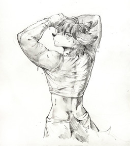 anthro cheek_tuft clothed clothing ears_back facial_tuft hair looking_at_viewer looking_back male messy_hair mouth_closed neck_tuft pivoted_ears rear_view short_hair simple_background solo standing tuft unsigned wet wet_clothing akatan_art canid mammal greyscale half-length_portrait hi_res monochrome portrait traditional_media_(artwork)
