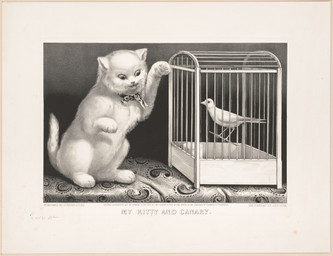 ambiguous_feral ambiguous_gender avian_feet beak biped bipedal_feral birdcage bow_ribbon cage detailed_background duo feathered_wings feathers feral fur in_cage looking_at_another paws predator/prey quadruped sitting size_difference standing tail tail_feathers text whiskers wings unknown_artist currier_and_ives public_domain avian bird canary domestic_cat felid feline felis finch mammal oscine passerine 1871 19th_century absurd_res ancient_art english_text hi_res huge_filesize lithograph_(artwork) monochrome traditional_media_(artwork)