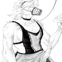 animal_genitalia anthro bdsm cake canine_genitalia chain clothed clothing collar crossdressing dessert food fur genitals horn looking_at_viewer maid_uniform male muzzle_(object) muzzled penis simple_background smile solo submissive uniform tetradochka canid canine canis chimera mammal wolf 1:1 digital_media_(artwork) hi_res monochrome