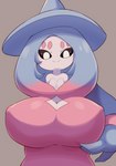 4_breasts arumo big_breasts black_sclera breasts cleavage clothed clothing fake_breasts female generation_8_pokemon hair_hand hatterene hi_res huge_breasts humanoid multi_breast nintendo not_furry pokemon pokemon_(species) simple_background small_breasts smile solo