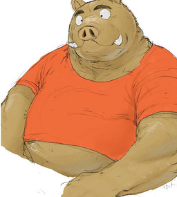 anthro belly brown_body clothing kemono male overweight overweight_male shirt simple_background solo topwear gombee_s mammal suid suine sus_(pig) wild_boar 2015