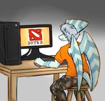 anthro blue_body clothed clothing computer electronics grey_hair hair male markings sitting solo wings jacket_ignites cavemanon_studios dota snoot_game valve green_(snoot_game) dinosaur prehistoric_species pterodactylus pterosaur reptile scalie hi_res