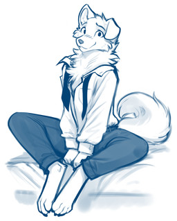 anthro barefoot biped blush bottomwear clothed clothed_anthro clothed_male clothing curled_tail digitigrade feet front_view fully_clothed fully_clothed_anthro fully_clothed_male fur looking_at_viewer male simple_background sitting smile solo tail topwear white_background conditional_dnp tom_fischbach twokinds colin_(twokinds) canid canine canis domestic_dog keidran mammal 2025 blue_and_white digital_drawing_(artwork) digital_media_(artwork) hi_res monochrome sketch