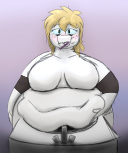 anthro bathroom bathroom_sink belly belly_grab belly_overhang belly_play belly_rolls big_belly big_breasts big_butt blonde_hair blue_eyes blush blush_lines breasts brush brushing brushing_teeth butt dazed fat_face female hair hand_on_belly navel non-mammal_breasts non-mammal_navel overweight overweight_anthro overweight_female sink solo thick_thighs flabfat tina_(flabfat) scalie hi_res