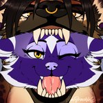 anthro blep brown_body brown_fur duo facial_piercing female fur markings mouth_shot multicolored_body multicolored_fur neck_bulge nose_piercing nose_ring one_eye_closed open_mouth oral_vore piercing purple_body purple_fur ring_piercing sharp_teeth spots spotted_body spotted_fur tan_body tan_fur teeth tongue tongue_out vore white_body white_fur wink yellow_eyes thefreckleden zandii_(thefreckleden) canid canine fox hyena mammal 1:1 absurd_res hi_res