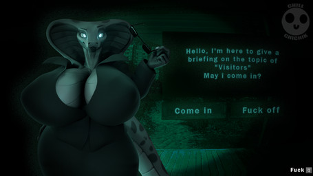 anthro clothing eyewear female glasses greeting profanity solo suit text chill_chichik da.nilkaz_(modeler) no_i'm_not_a_human sapphire_(da.nilkaz) reptile scalie snake 3d_(artwork) digital_media_(artwork) english_text