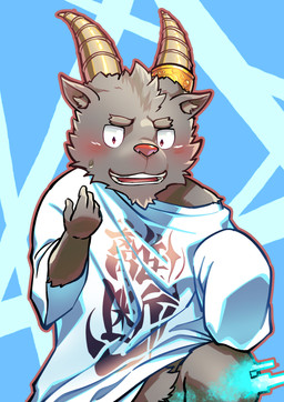 anthro black_body black_fur blush chibi clothing featureless_crotch fur horn male oversized_clothing oversized_shirt oversized_topwear shirt solo text text_on_clothing text_on_shirt text_on_topwear topwear lifewonders tokyo_afterschool_summoners salomonkun bovid caprine goat mammal hi_res