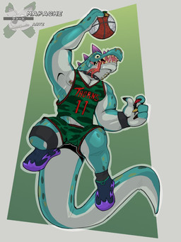 anthro ball basketball_uniform biceps bodily_fluids bottomwear bulge clothed clothing collar facial_piercing footwear green_body green_bottomwear green_clothing green_scales green_shirt green_shorts green_topwear head_spikes legband male multicolored_claws muscular muscular_anthro muscular_male neck_piercing nipple_piercing nipples nose_piercing nose_ring pecs piercing purple_spikes ring_piercing roarball_(ball) saliva scales shirt shoes shorts solo spikes spikes_(anatomy) sportswear studded_collar studs tail tongue tongue_out tongue_piercing topwear uniform yellow_sclera noir_racoon goat_(movie) sony_corporation sony_pictures modo_olachenko komodo_dragon lizard monitor_lizard reptile scalie 2026 3:4 digital_media_(artwork) hi_res watermark