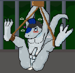 anthro anus balls bdsm blue_eyes blush bodily_fluids bondage bone_frill bound cage countershade_torso countershading cuff_(restraint) cum cum_in_ass cum_inside cum_on_belly cum_on_body cum_on_self ejaculation erection exhausted forest frill_(anatomy) fucked_silly genital_fluids genitals grey_body heart_symbol in_cage jungle leaking_cum male penis perineum plant pubes restraints solo spread_legs spreading sweat tree 5up3rfr34k freak_(5up3rfr34k) cryolophosaurus dinosaur prehistoric_species reptile saurischian scalie theropod digital_media_(artwork) pixel_(artwork)