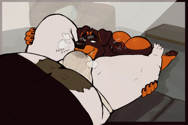 anthro barazoku blush bodily_fluids body_hair bulge bulge_sniffing butt clothing drooling duo eyewear feet glasses happy_trail jockstrap lying male male/male navel nub_tail on_back overweight overweight_male saliva shirt smile sniffing tail tail_motion tailwag thick_thighs topwear underwear tcw tcw_(character) bear canid canine canis domestic_dog mammal polar_bear ursine hi_res
