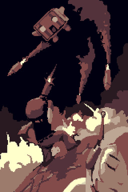 antennae_(anatomy) anthro biped black_clothing black_shirt black_topwear bottomwear clothing eyes_closed female flying gloves group gun hair handwear hat headgear headwear machine male missile mouth_closed no_pupils open_mouth pants ranged_weapon shirt sleeveless_shirt smoke standing tank_top topwear torpedo trio weapon daisuke_amaya cave_story balrog_(cave_story) curly_brace quote_(cave_story) android humanoid robot robot_humanoid 2004 2:3 digital_media_(artwork) low_res monochrome official_art pixel_(artwork) restricted_palette