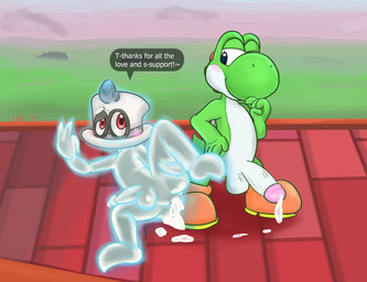 after_sex anthro anthrofied balls blush bodily_fluids brown_clothing brown_footwear butt clothing cum cum_from_ass cum_in_ass cum_inside cum_on_butt cum_on_ground cum_string cumshot detailed_background dialogue duo ejaculation erection footwear genital_fluids genitals green_body green_scales humanoid_genitalia humanoid_on_anthro humanoid_penis male male/male orgasm penis raised_leg red_body red_eyes red_scales scales speech_bubble text white_balls white_body white_penis white_scales ultilix mario_bros nintendo super_mario_odyssey cappy_(mario) bonneter ghost green_yoshi humanoid spirit yoshi english_text hi_res