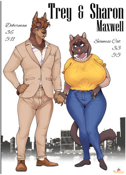 anthro big_breasts breasts brown_body brown_eyes brown_fur bulge clothing curvy_figure digit_ring duo female fur green_eyes hair hand_holding huge_breasts husband_and_wife jewelry makeup male male/female married_couple necklace ring short_hair standing text wedding_ring mewpan sharon_(wsad) trey_(wsad) canid canine canis dobermann domestic_cat domestic_dog felid feline felis mammal pinscher siamese_cat english_text hi_res model_sheet
