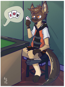 anthro brown_body brown_fur brown_hair card clothed clothing eye_scar facial_scar fluffy full_foot_pawpads full_pad fur gambling grey_pawpads grey_soles hair hoodie male orange_eyes pawpads paws plantigrade playing_card poker scar solo strip_poker tail tan_body tan_fur topwear underwear undressing lavakey_(artist) ra'zim gulonine hybrid kangaroo macropod mammal marsupial marten mustelid musteline sable_(marten) 2025 3:4 hi_res