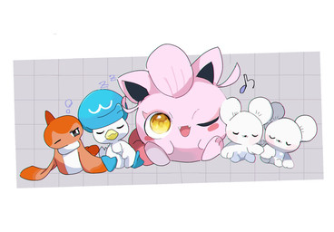 ambiguous_gender anthro beak black_eyes blue_feather_hair eyelashes eyes_closed fangs feathers feral fur group hair looking_at_viewer one_eye_closed one_eye_half-closed open_mouth orange_body pink_body pink_fur pink_hair simple_background sleeping sound_effects tail teeth tired tongue vowelless vowelless_sound_effect white_body white_feathers yellow_eyes zzz toripoke710 nintendo pokemon ancient_pokemon aquatic avian bird fish generation_9_pokemon mammal mouse murid murine paradox_pokemon pokemon_(species) quaxly rodent scream_tail tandemaus tatsugiri tatsugiri_(curly_form) waddling_head 2025 hi_res