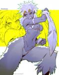 blonde_hair breasts feathers female fur grey_body grey_skin hair simple_background smile solo white_background white_body white_feathers white_fur yellow_background yellow_eyes lejeanx3 zenki_(series) shoukouga_(zenki) animal_humanoid avian bird humanoid