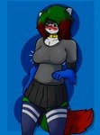 anthro blush bottomwear breast_expansion breasts bulge clothing expansion green_eyes green_hair gynomorph hair intersex legwear shirt skirt solo t-shirt thigh_highs topwear chromer_exe chromer.exe domestic_cat felid feline felis mammal