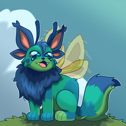 4_ears 4_eyes 4_wings ambiguous_gender antennae_(anatomy) blue_body blue_fur blue_paws cloud feral fur grass green_body green_fur heart_pupils insect_wings leg_markings markings multi_ear multi_eye multi_wing multicolored_body multicolored_fur outside plant sky socks_(marking) solo stripes wings claragonza3 art_fight fakemon nintendo pokemon eevee fakeveelution generation_1_pokemon pokemon_(species) 1:1 absurd_res digital_media_(artwork) hi_res