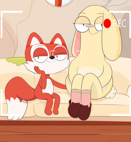 anthro bedroom_eyes duo female female/female furniture narrowed_eyes on_sofa provocative recording seductive sitting sitting_on_sofa sofa young lexusart616 disney kiff_(series) candle_fox terri_buns canid canine fox lagomorph leporid mammal rabbit absurd_res hi_res