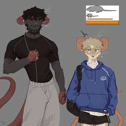 anthro athletic athletic_anthro athletic_male athletic_wear backpack biped black_hair blush bottomwear cigarette cigarette_in_mouth clothed clothed_anthro clothed_male clothing duo electronics front_view fully_clothed fully_clothed_anthro fully_clothed_male fur grey_body grey_fur gym_bottomwear gym_shorts hair hairless_tail headphones hoodie long_tail male neck_tattoo object_in_mouth shirt shorts size_difference standing t-shirt tail tan_body tan_fur thick_tail topwear whiskers plaguerat mammal mouse murid murine rat rodent 1:1 digital_media_(artwork) hi_res