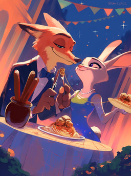 4_fingers anthro bow_ribbon claws closed_smile clothed clothed_anthro clothed_female clothed_male clothing countershading cutlery detailed_background dipstick_ears duo dutch_angle ear_markings eye_contact eyebrows eyelashes female female_anthro finger_claws fingers food fork fully_clothed fully_clothed_anthro fully_clothed_female fully_clothed_male fur green_eyes grey_body grey_fur half-closed_eyes happy iris kitchen_utensils knife larger_male looking_at_another male male/female male_anthro meatball mouth_closed multicolored_body multicolored_ears narrowed_eyes necktie night orange_body orange_fur pasta philtrum pink_nose pupils purple_eyes romantic romantic_ambiance size_difference smaller_female smile snout spaghetti star tail text tools twitter_handle two_tone_body white_body white_countershading tomoe00022 disney zootopia judy_hopps nick_wilde canid canine european_rabbit fox lagomorph leporid mammal oryctolagus rabbit red_fox true_fox 2025 artist_name hi_res