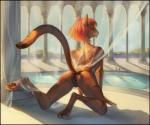 anthro bikini camel_toe clothed clothing deadro detailed_background digitigrade felid female group hair hindpaw mammal pantherine paws poolside red_hair short_hair slim solo_focus swimwear tiger topless water