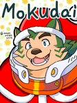 anthro blue_eyes blush christmas_clothing christmas_headwear clothing fur green_body green_fur hat headgear headwear holidays male santa_hat smile solo mazamaza2016 christmas lifewonders live_a_hero mokdai canid canine canis domestic_dog mammal 3:4