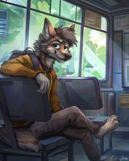 4_fingers 4_toes anthro backpack barefoot biped black_nose bottomwear brown_body brown_fur cheek_tuft claws clothing clothing_cord crossed_legs day detailed_background drawstring eyebrows facial_tuft feet fingers fur grey_bottomwear grey_clothing grey_pants head_tuft hoodie inner_ear_fluff inside inside_train light looking_at_viewer male multicolored_body multicolored_fur neck_tuft pants paws plantigrade pointy_ears prick_ears sitting smile smiling_at_viewer solo sunlight tan_body tan_fur toe_claws toes topwear train tuft two_tone_body two_tone_fur vehicle whisker_spots whiskers white_inner_ear_fluff window yellow_clothing yellow_hoodie yellow_topwear jacato blue_(bluecoyote) canid canine canis coyote mammal 2021 digital_media_(artwork) digital_painting_(artwork) full-length_portrait hi_res painting_(artwork) portrait signature